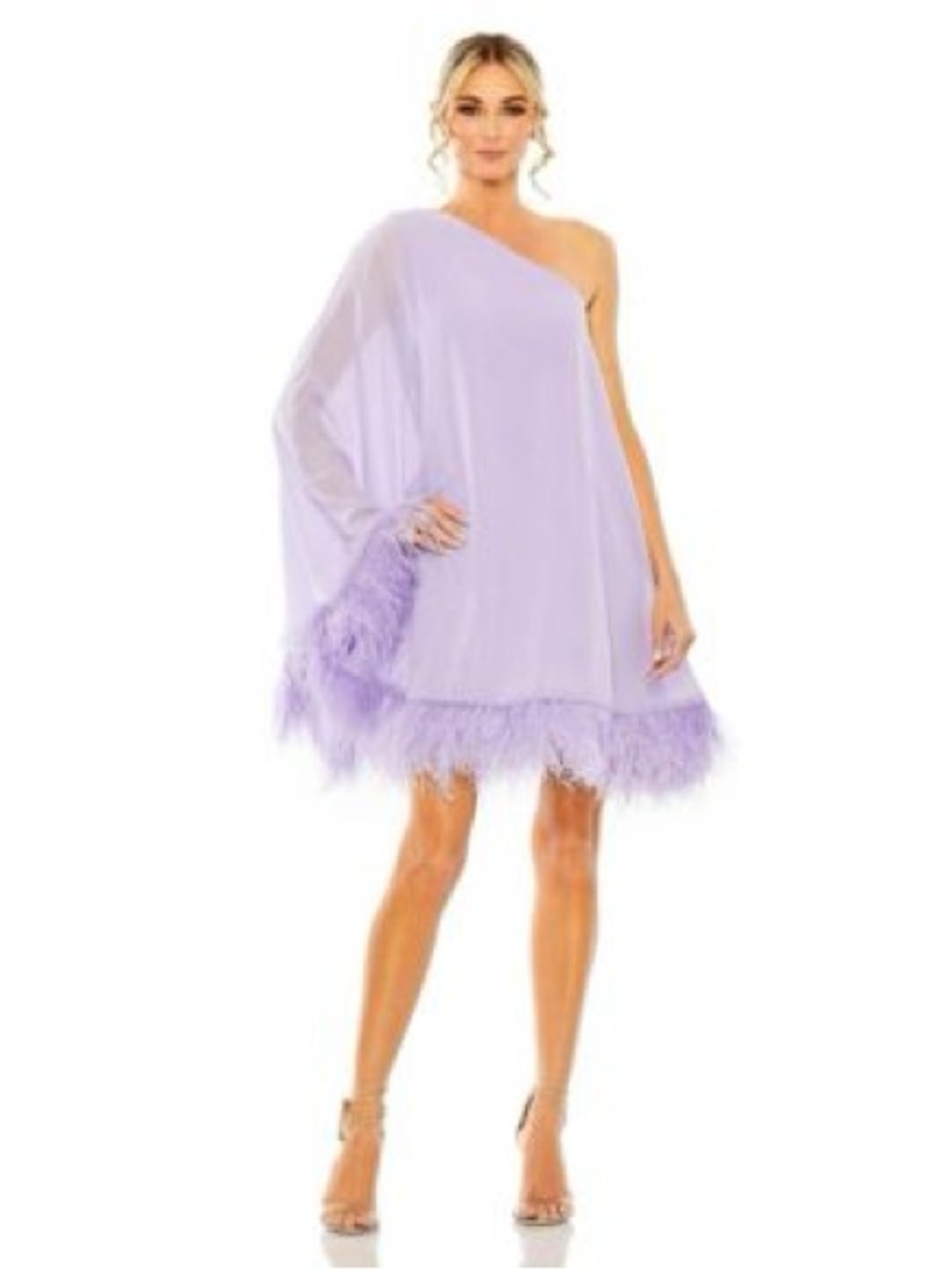 Mac Duggal Lavender One-Shoulder Feather-Trim Dress